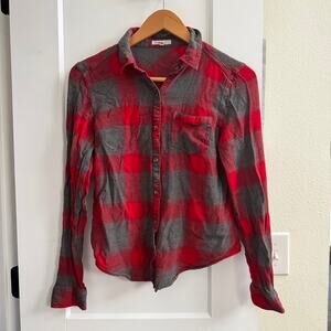 Maurices Women’s Small Plaid Button Down Shirt Red Gray Rayon Soft Casual Grunge